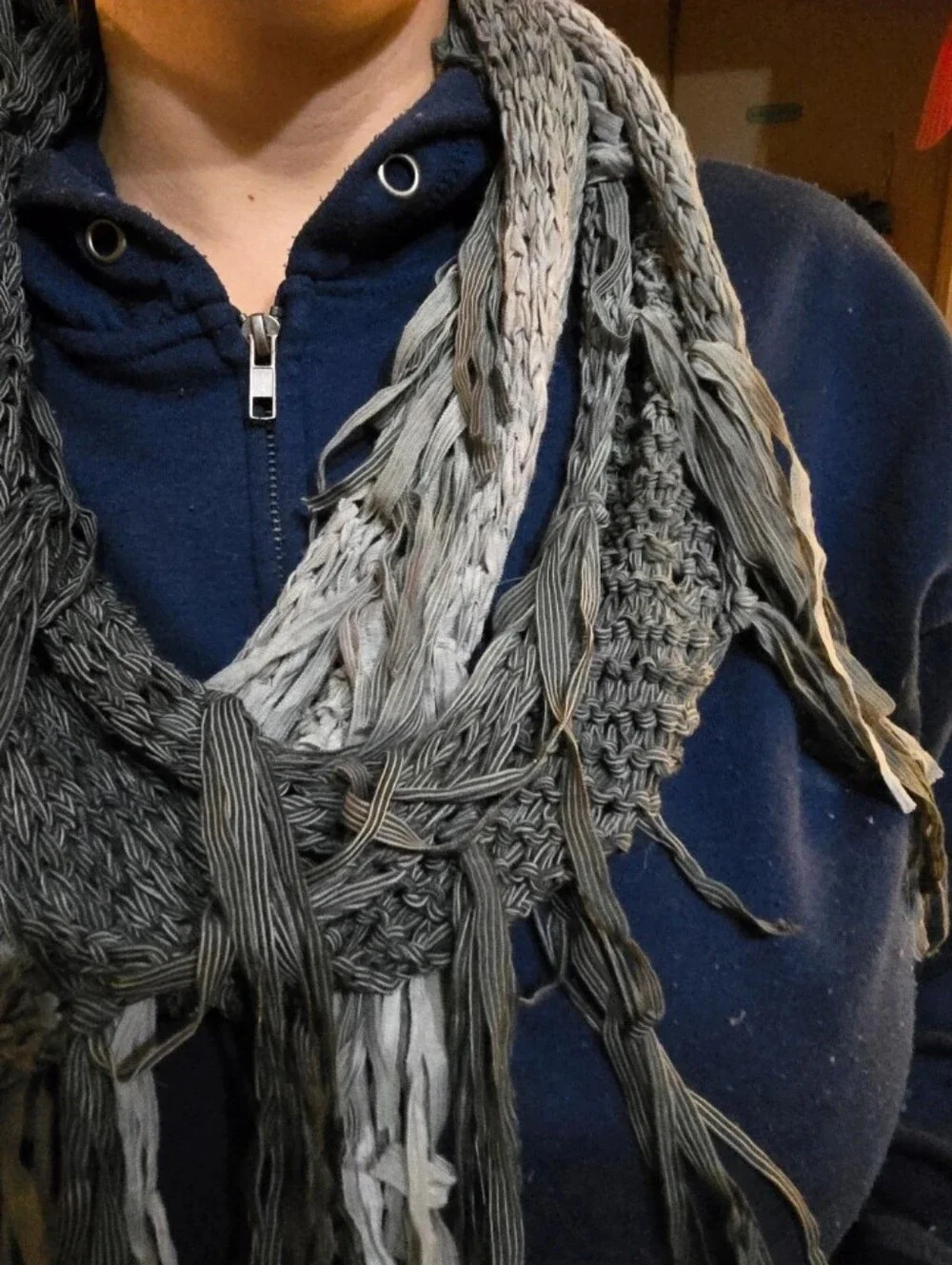 !!. Women’s Fringe Knit Scarf — Gray Two-Tone